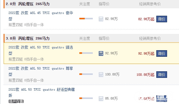 奧迪A8L2022款最新款價(jià)格 奧迪A8L2022款售價(jià)82.98萬